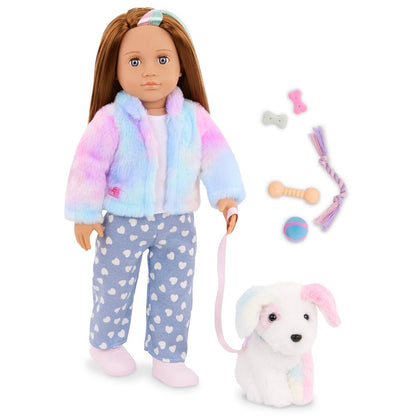 Skylar 18-inch doll with a plush rainbow dog and pet care accessories for pretend play. Ideal for kids ages 3 and older.