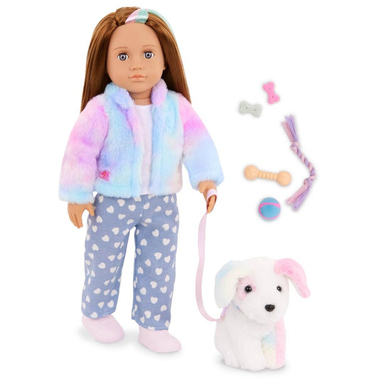 Our Generation – 18-inch Doll & Pet Puppy Set – Rainbow Dog Plush Stuffed Animal – Pet Care Accessories – Pretend Play – Toys for Kids Ages 3 Years & Older – Skylar & Bow