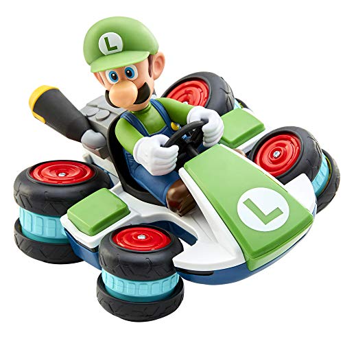Nintendo Super Mario Kart 8 Luigi RC racer with anti-gravity wheels, 360 spins, wheelies, drift, and up to 100 ft. range for kids.