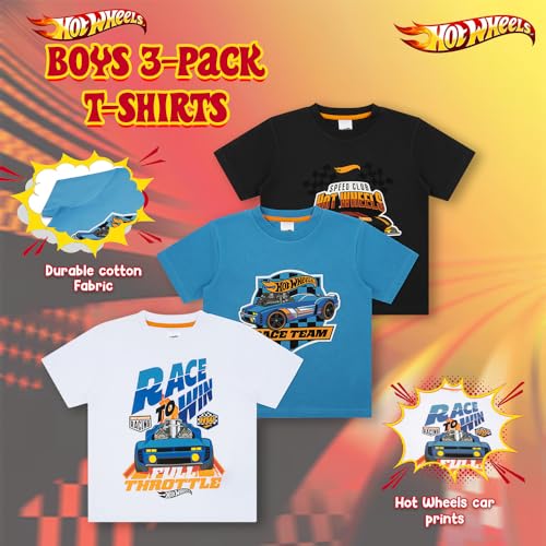 Hot Wheels Boys T-Shirts Pack of 3 |Short Sleeve 3PK Multipack T-Shirts for Boys | Official Clothing Merchandise (UK, Age, 6 Years, 7 Years, Regular, Blue/Black/White)