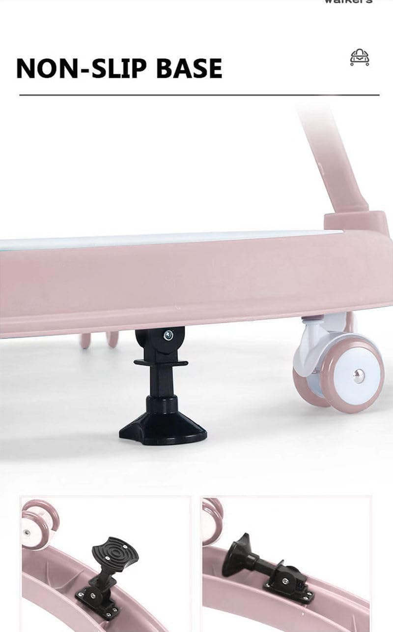 Pink adjustable baby walker with foldable design, interactive toys, music, lights, feeding tray, and safety wheel brakes.