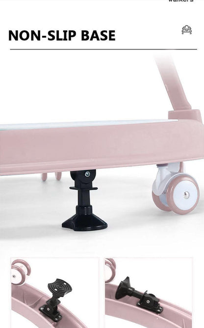 Pink adjustable baby walker with foldable design, interactive toys, music, lights, feeding tray, and safety wheel brakes.