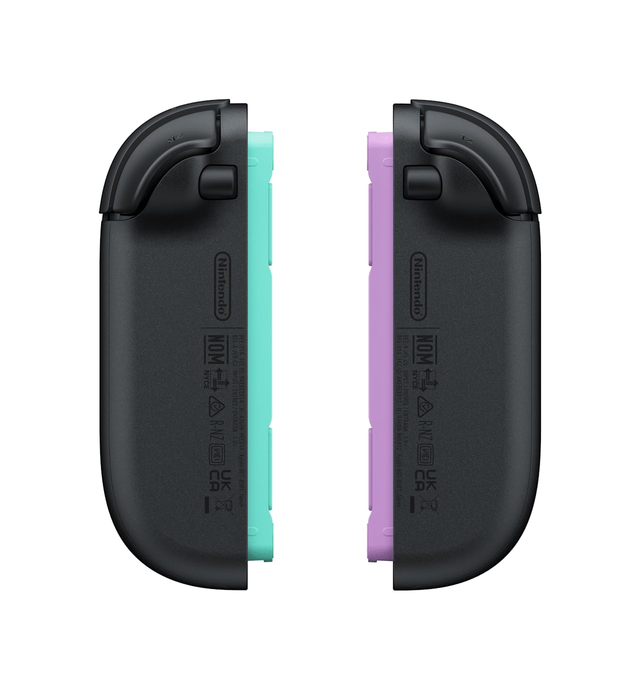 Nintendo Joy-Con controllers in light purple and light green, wireless gamepad for Nintendo Switch gaming system.