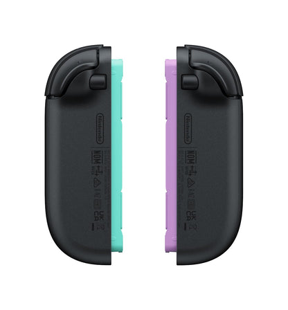 Nintendo Joy-Con controllers in light purple and light green, wireless gamepad for Nintendo Switch gaming system.
