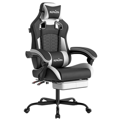 SUKIDA ergonomic gaming chair with adjustable height, lumbar support, headrest, massage feature, footrest, and rotating office design