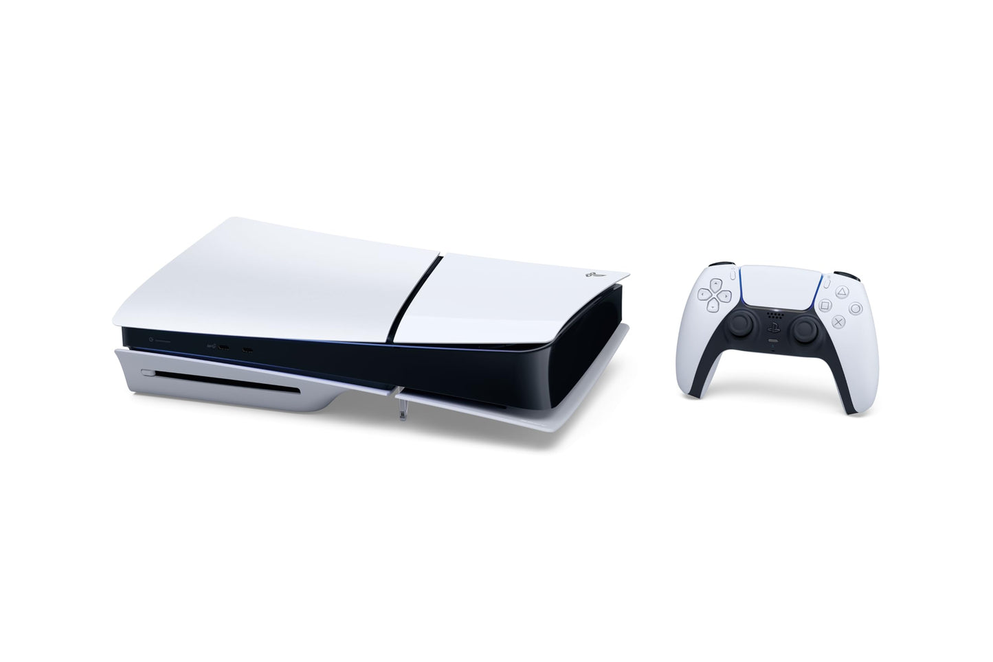 PlayStation Console 5 Edition Standard Slim with sleek black design and modern gaming features, shown from a front angle.