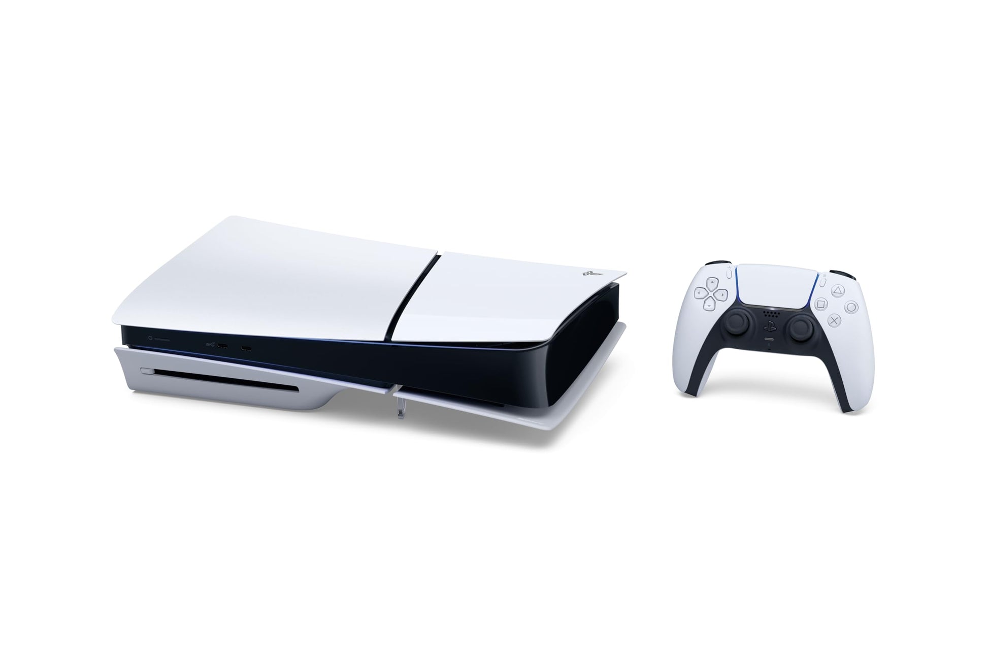 PlayStation Console 5 Edition Standard Slim with sleek black design and modern gaming features, shown from a front angle.