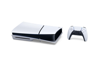 PlayStation Console 5 Edition Standard Slim with sleek black design and modern gaming features, shown from a front angle.