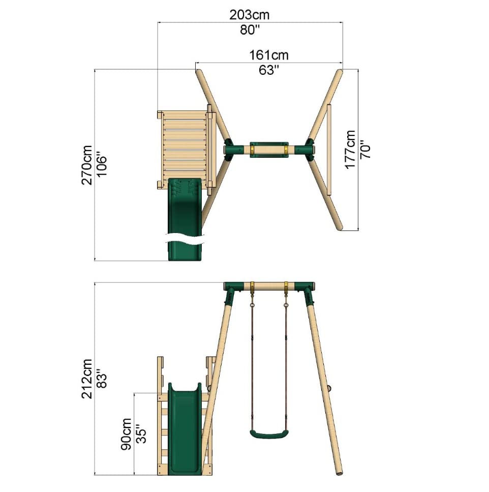 Rebo® Wooden Swing Set Plus Deck and Slide - Solar Green | OutdoorToys | Kids' Playset - Sturdy Construction, Pressure Treated Timber, Soft-Feel Ropes