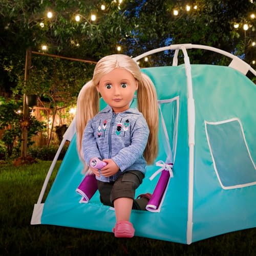 Our Generation Happy Camper set for 18" dolls featuring a tent, sleeping bag, campfire accessories, and camping dishes.