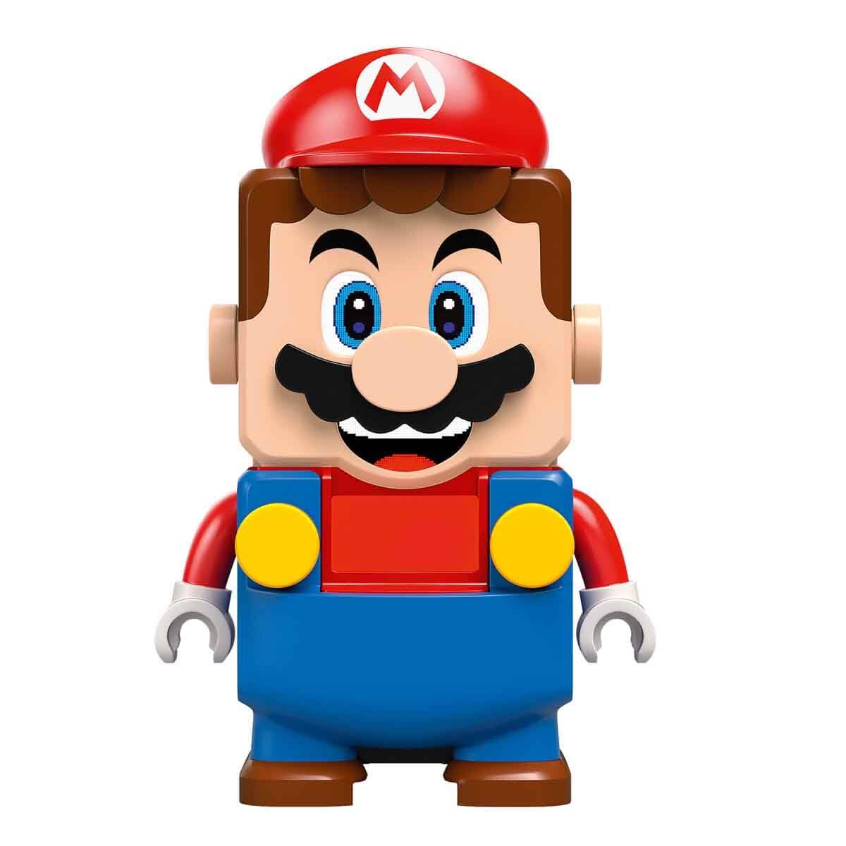 LEGO Mario Kart interactive set featuring Mario, a race car, figures, barriers, and a podium for kids aged 7 and up.