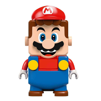 LEGO Mario Kart interactive set featuring Mario, a race car, figures, barriers, and a podium for kids aged 7 and up.
