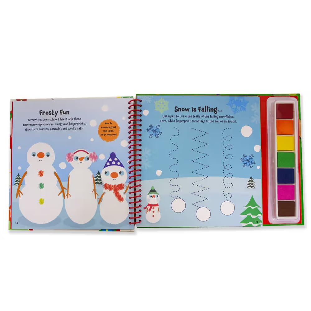 Bookoli Christmas fingerprint activity book for toddlers with 7 paint pads, featuring festive coloring and arts and crafts for kids.