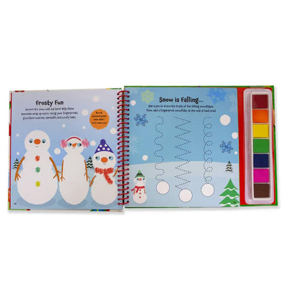 Bookoli Christmas fingerprint activity book for toddlers with 7 paint pads, featuring festive coloring and arts and crafts for kids.