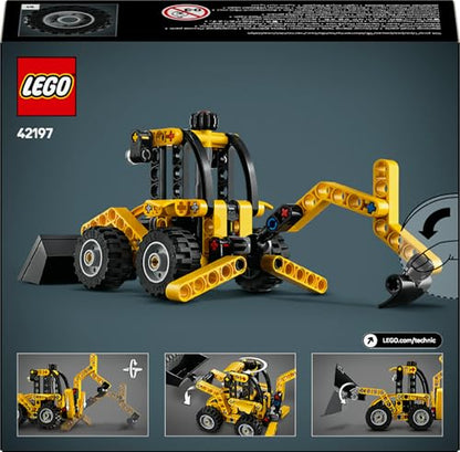 LEGO Technic Backhoe Loader toy with a back digger, scoop, and outriggers for kids aged 7 and up.