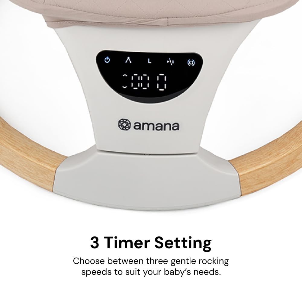 DreamX E-Swing baby swing in pebble grey and dune with remote control, Bluetooth connectivity, and five speed settings.