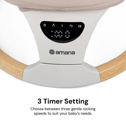 DreamX E-Swing baby swing in pebble grey and dune with remote control, Bluetooth connectivity, and five speed settings.