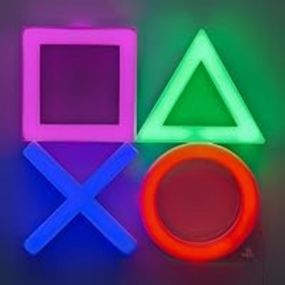 Paladone PlayStation LED neon light with controller icons, ideal for gaming room decor and mood lighting on a wall.
