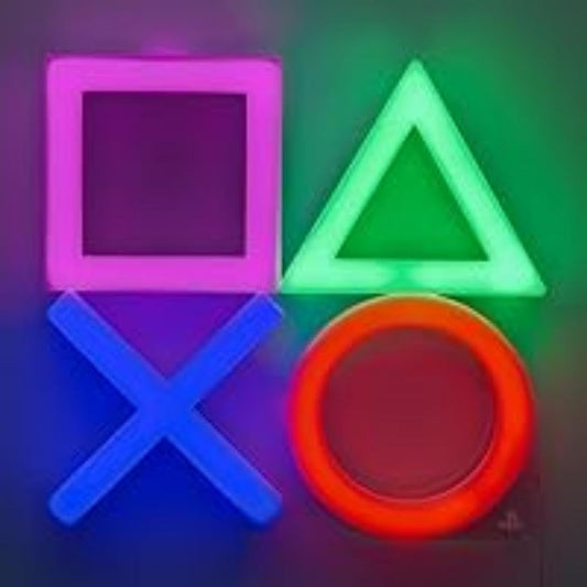 Paladone PlayStation LED neon light with controller icons, ideal for gaming room decor and mood lighting on a wall.