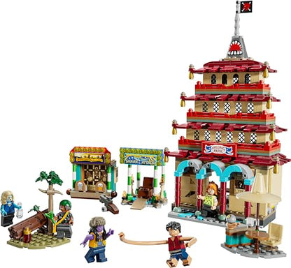 LEGO ONE PIECE Battle at Arlong Park set featuring Luffy, Nami, and a collapsing pagoda with five minifigures.