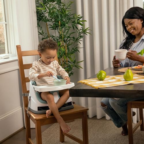 Ingenuity, Baby Base 2-in-1 Seat, Mist, Booster Chair, Dining and Feeding Seat for Toddlers, Easy to Clean with Removable and Self-Storing Tray, Ages 6 Months+