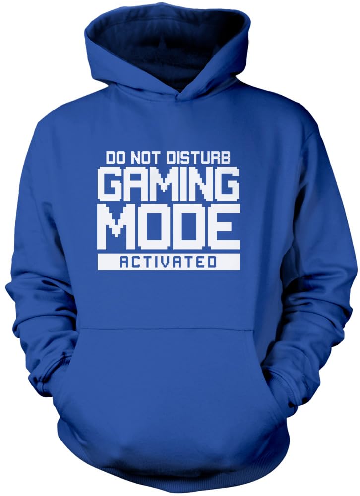 HotScamp unisex hoodie with "Do Not Disturb Gaming Mode Activated" design, suitable for kids aged 9-11, in blue with gaming graphics.