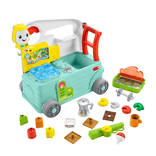 Fisher-Price Laugh & Learn 3-in-1 on-the-go camper toy for infants, featuring colorful musical functions and push-along design.