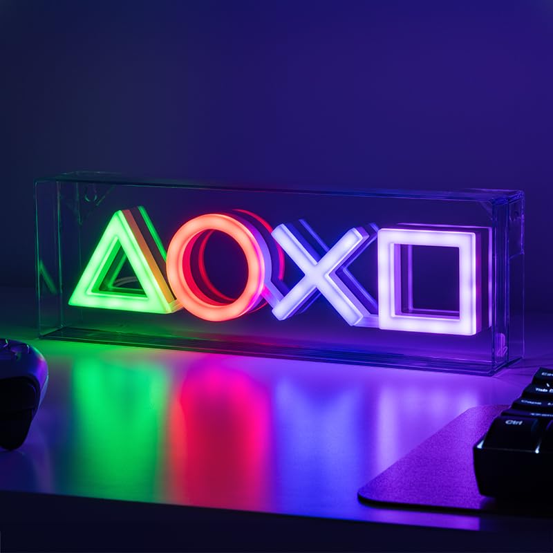 PlayStation Icons LED neon light sign by Paladone, wall mountable or free-standing gaming room decor with vibrant neon glow.