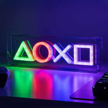 PlayStation Icons LED neon light sign by Paladone, wall mountable or free-standing gaming room decor with vibrant neon glow.
