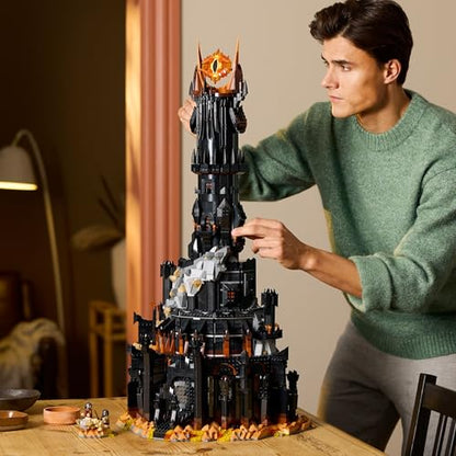 LEGO Icons Barad-dûr model building set with Sauron, Gothmog, Orc, Frodo, Sam, and Gollum minifigures.