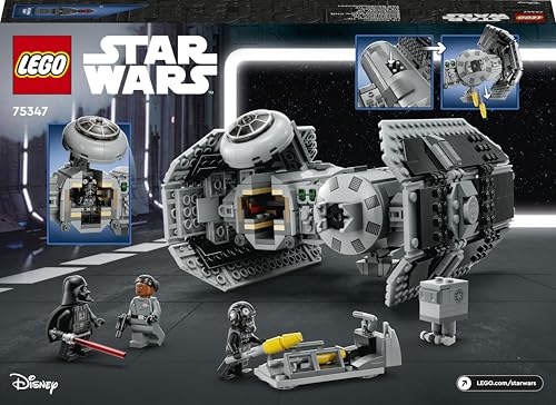LEGO Star Wars 75347 TIE Bomber toy with Darth Vader minifigure, Gonk Droid, and torpedo-dropping feature displayed.