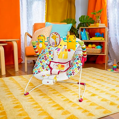 Bright Starts Playful Pinwheels Bouncer featuring colorful fabric, adjustable canopy, and plush seating for infants and toddlers.