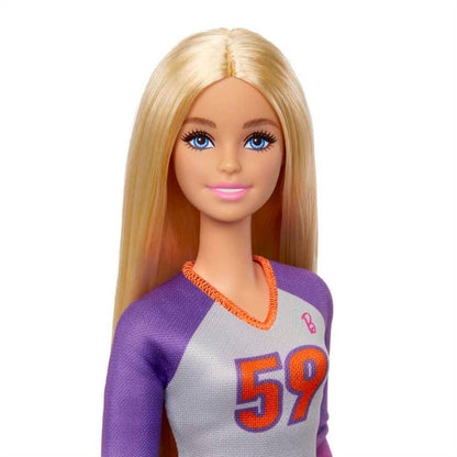 Barbie Made to Move volleyball player doll in uniform with volleyball and accessories, showcasing dynamic pose and details.