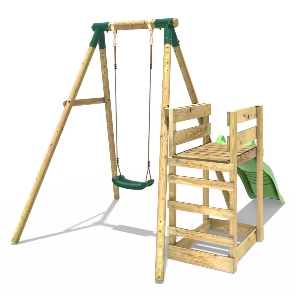 Rebo® Wooden Swing Set Plus Deck and Slide - Solar Green | OutdoorToys | Kids' Playset - Sturdy Construction, Pressure Treated Timber, Soft-Feel Ropes