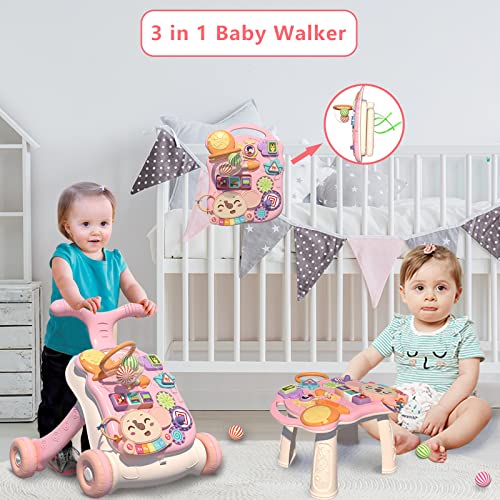 QDRAGON 3-in-1 baby walker and activity center for girls, with push toy, seat, and standing support for infants learning to walk
