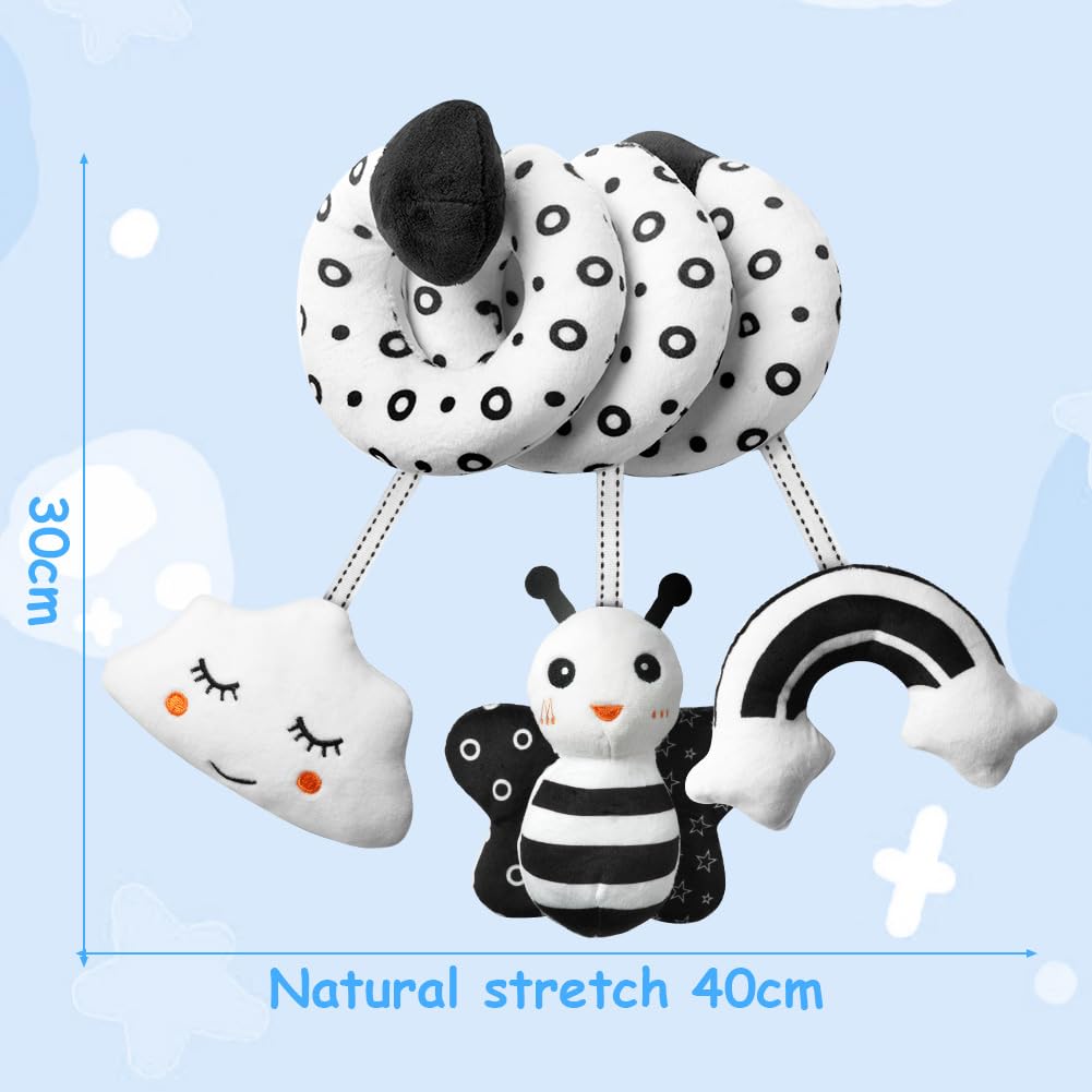 Aolso sensory pram toys in black and white spiral with ringing bell, designed for car seat and crib entertainment.