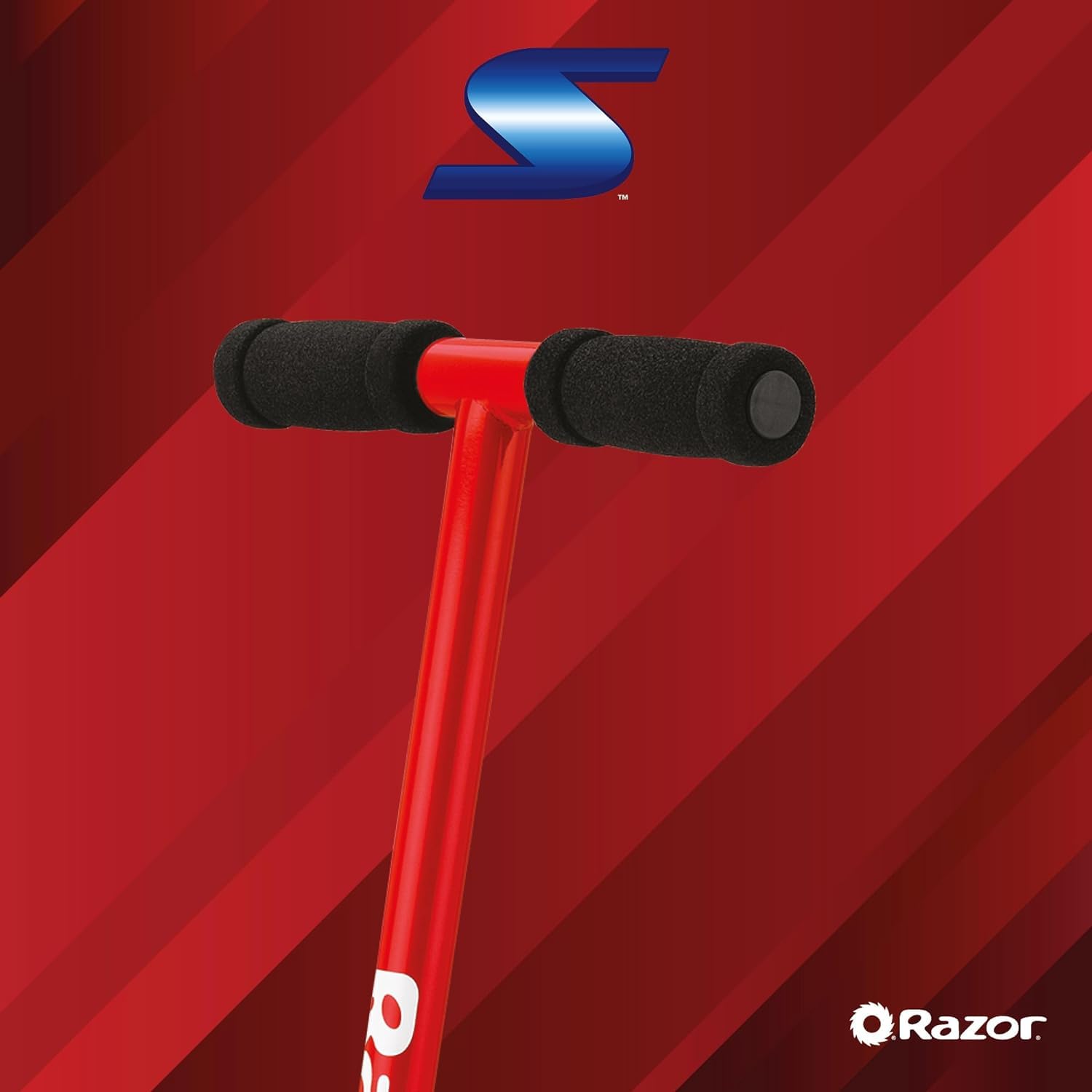 Razor S Real Steel Kick Scooter in red, showcasing the sleek design and sturdy frame with handlebars and wheels visible.