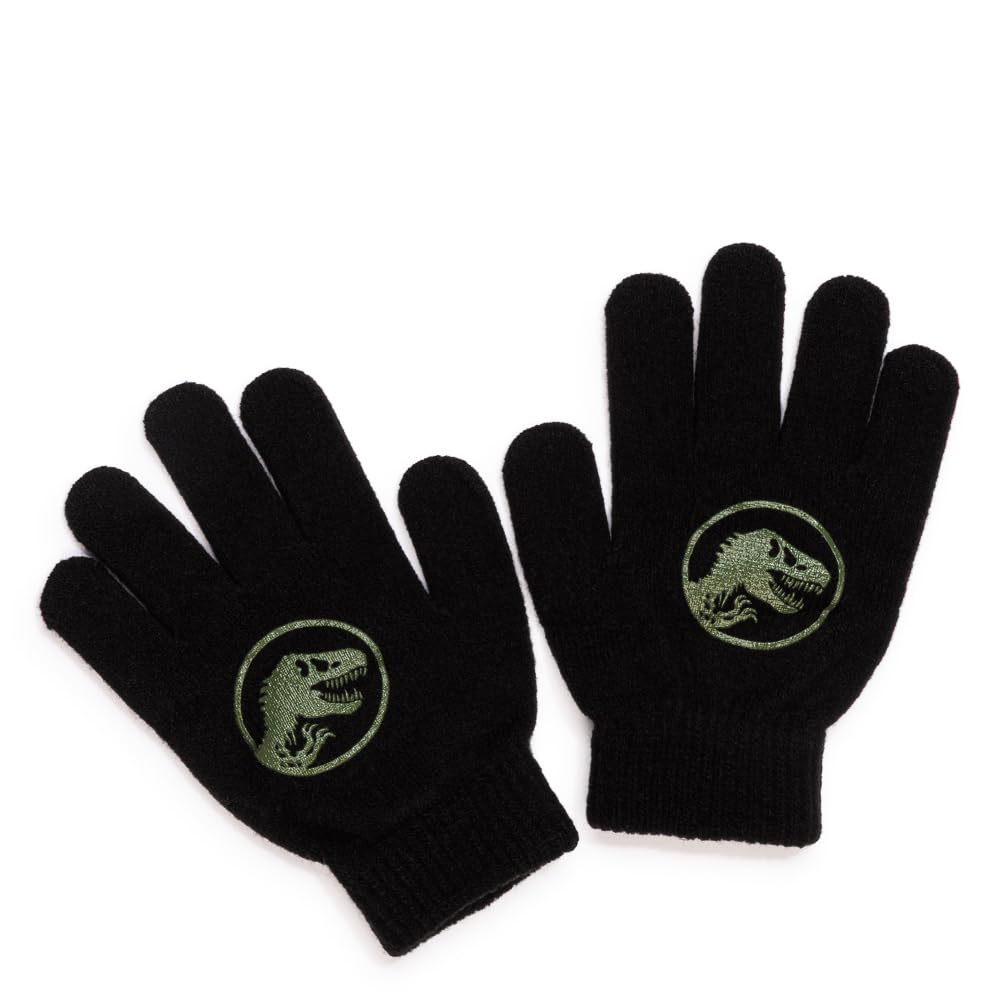 Jurassic World Boys Beanie Hat & Gloves Set – 100% Acrylic Winter Bobble Hat & Stretch Gloves – Dinosaur T-Rex Winter Accessories Set