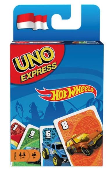 Hot Wheels Uno Express game featuring colorful cards and iconic Hot Wheels graphics on the box.