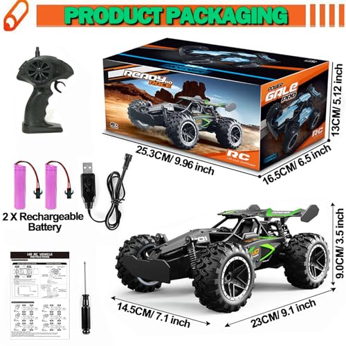 SZJJX Remote Control Cars – 2.4GHz High-Speed RC Car for Kids, 15KM/H+ 2WD Off-Road Car with 2 Rechargeable Batteries, Electric Remote Control Truck Toy for Boys & Girls Gifts (Green)