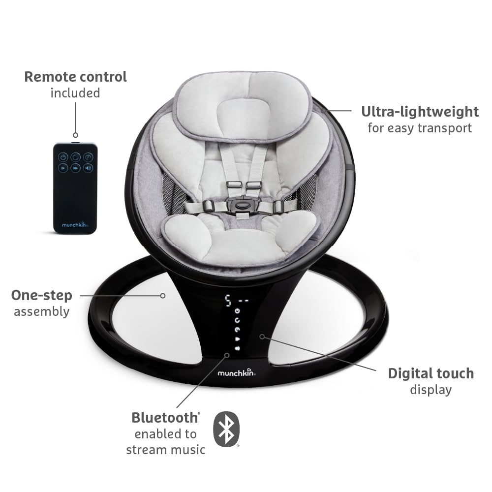 Munchkin Electric Baby Swing | Bluetooth Enabled Baby Bouncer Chair & Rocker | Portable Rocker & Gentle Bouncing Chair with Motion and Sounds| Black