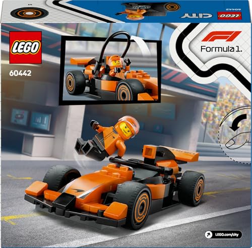 LEGO City F1 Driver minifigure with McLaren race car set, perfect for young motorsport fans and building enthusiasts.