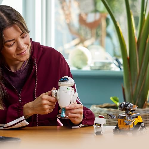 LEGO Disney Pixar WALL-E and EVE display model kit with brick-built robots and M-O & Hal figures for adult collectors.