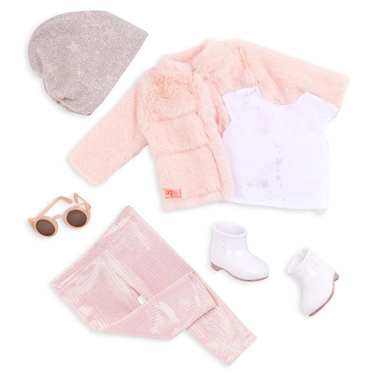 Our Generation pink faux-fur coat outfit for 18-inch dolls, featuring stylish design for pretend play and fashion accessories.