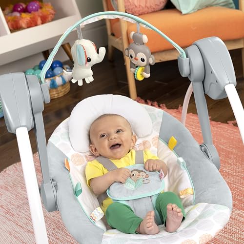 Bright Starts, Whimsical Wild Portable Compact Automatic Baby Swing with Music and Taggies, Removable Toy Bar with 2 Toys, Reclinable, 5 Point Harness, Newborn and up