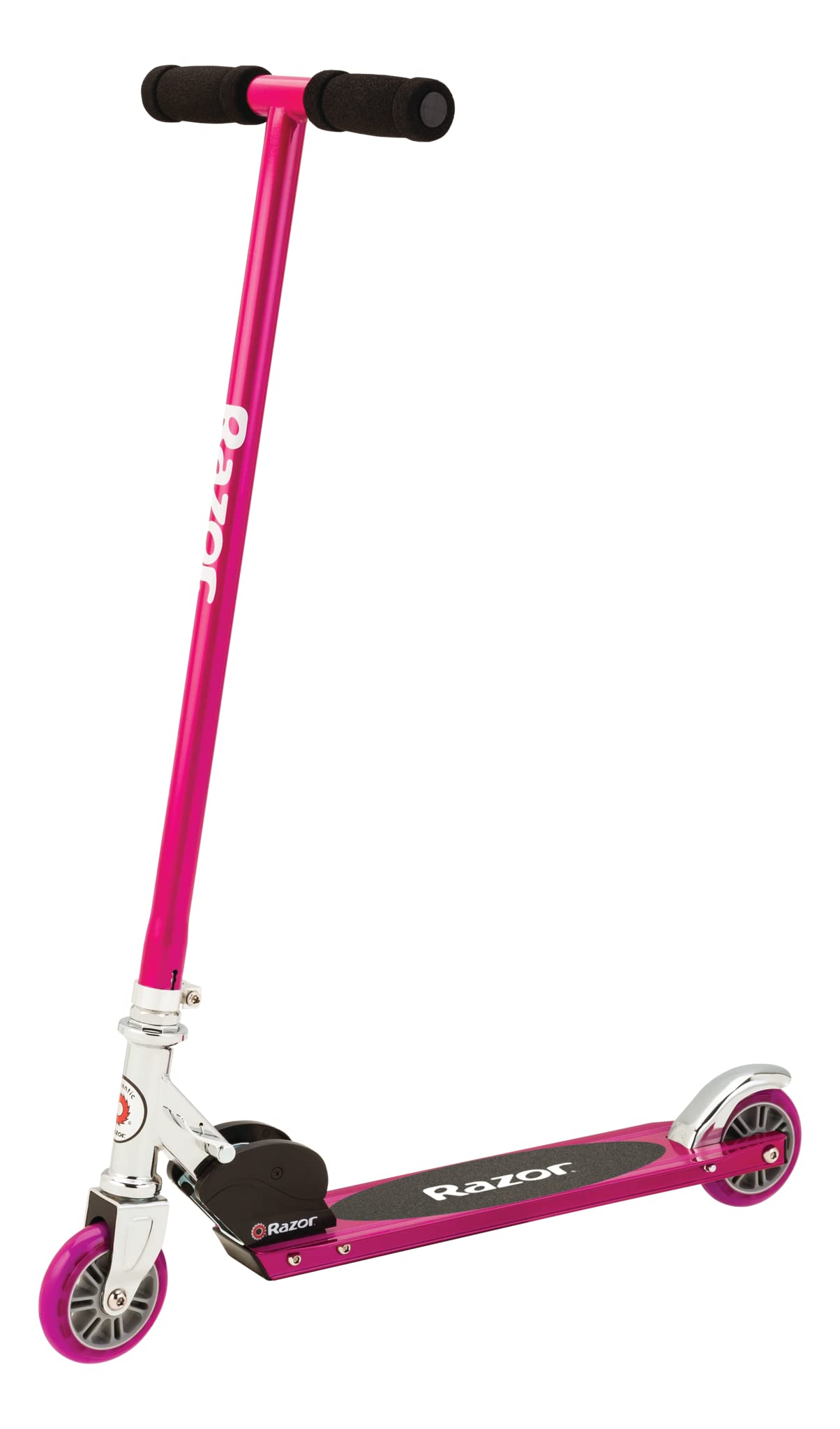 Pink Razor S Real Steel Kick Scooter with a sleek design and sturdy frame, ready for fun rides outdoors.