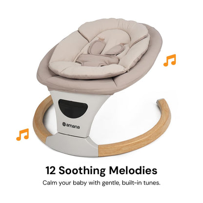 DreamX E-Swing baby swing in Dune color with remote control, Bluetooth connectivity, and five speed settings, designed for infants.