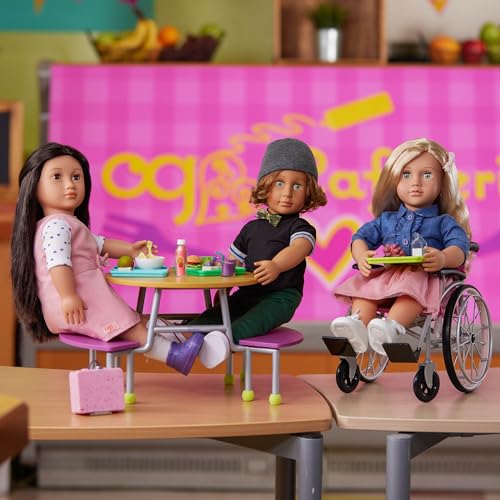 18-inch Our Generation Emily girl doll in pink dress and denim top, wearing stylish glasses and featuring a soft body.