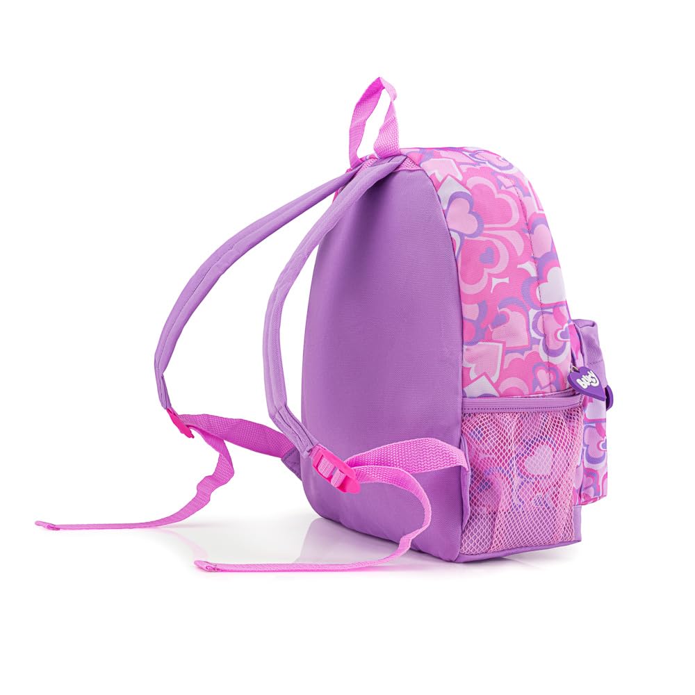 Bluey girls toddler backpack in lilac with heart print, featuring a kangaroo pocket and padded straps, ideal for kids ages 2-7.