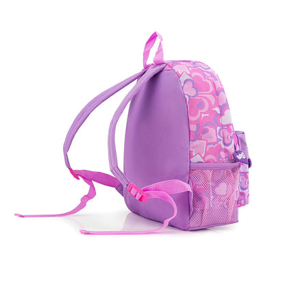 Bluey girls toddler backpack in lilac with heart print, featuring a kangaroo pocket and padded straps, ideal for kids ages 2-7.